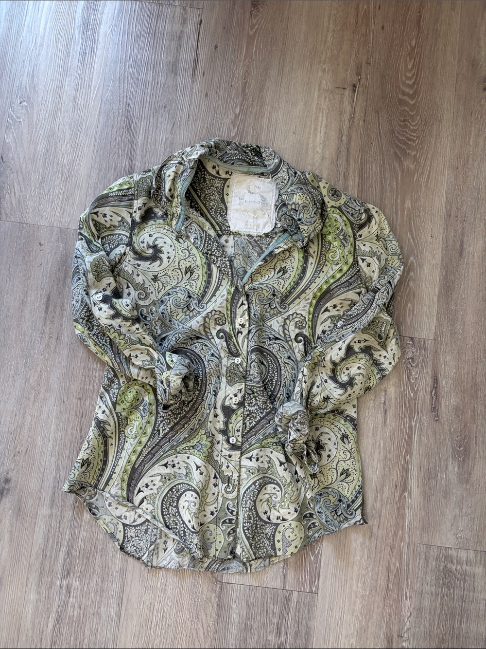 Women's Paisley Button-Down Shirt in Green and Gray by